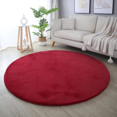 Tapis rond fausse fourrure toucher doux rouge 120x120cm