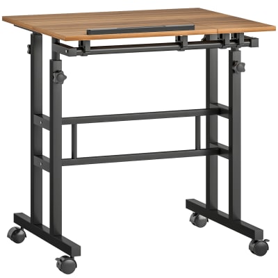 Bureau assis debout plateau inclinable à roulettes cadre métal marron