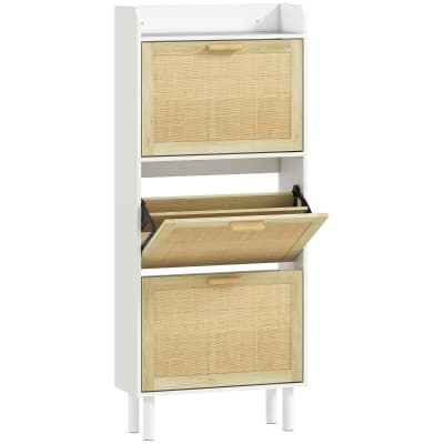 Meuble à chaussures 3 portes effet résine tressée en bois blanc