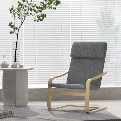 Fauteuil de salon accoudoirs incurvés coussin tissu aspect lin gris