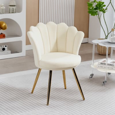 Fauteuil coquillage pieds métal doré velours beige