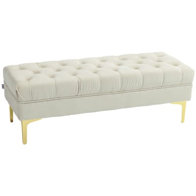 Banc banquette capitonné piètement métal doré velours beige