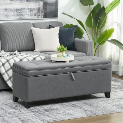 Banc de rangement siège capitonné tissu de lin gris foncé