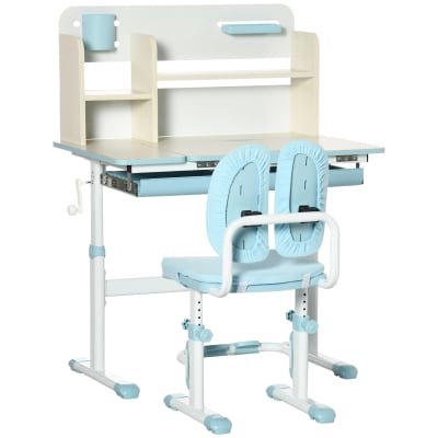 Bureau enfant et chaise, pupitre d'écolier réglable, 80x50x75cm, bleu