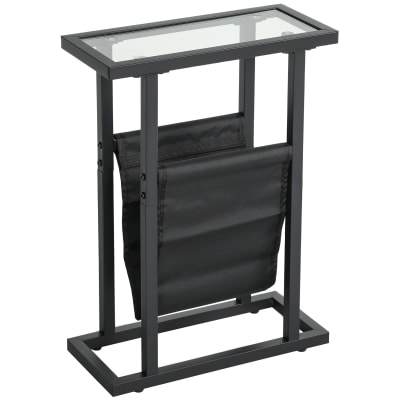 Table d'appoint étroite bout de canapé métal et verre trempé noir