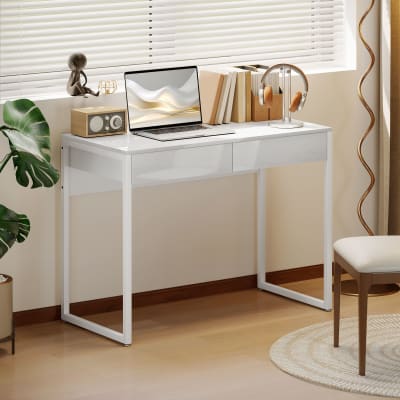 Bureau avec 2 tiroirs pied en acier blanc brillant