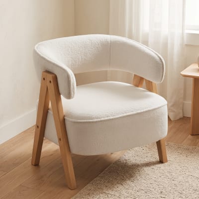 Fauteuil salon assise large tissu bouclette pieds en bois massif blanc
