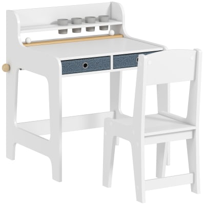 Bureau enfant avec chaise 2 tiroirs en tissu porte-gobelet mdf blanc