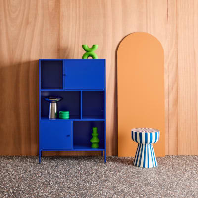 Buffet, meuble de rangement industriel métal bleu 6 compartiments