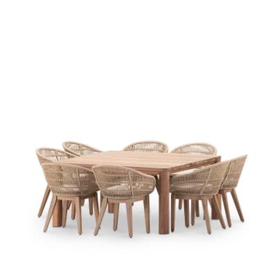 Set de table 150 x 150 et 8 chaises en bois et corde