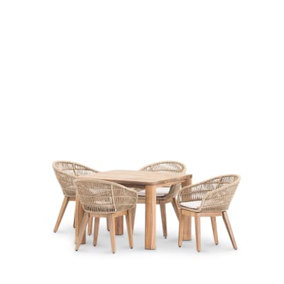 Set de table 100 x 100 et 4 chaises en bois et corde