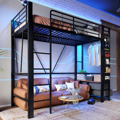 Lit mezzanine enfant 90x200 cm avec 4 tiroirs, rangements, métal noir