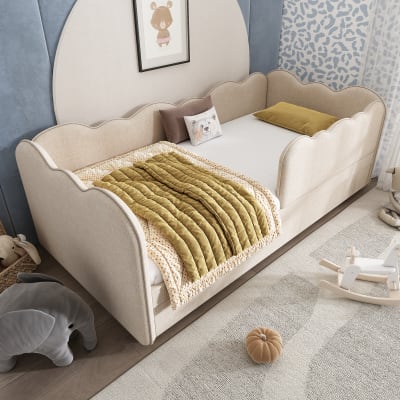 Lit enfant lin beige 90x190 cm avec lit nid 90x190 cm