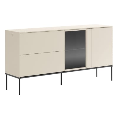 Buffet avec vitrine en verre éclairée et deux tiroirs, coloris crème