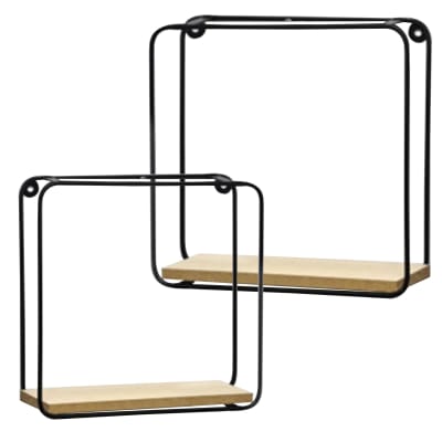Set de 2 étagères murales en métal noir et bois 21x10x21cm