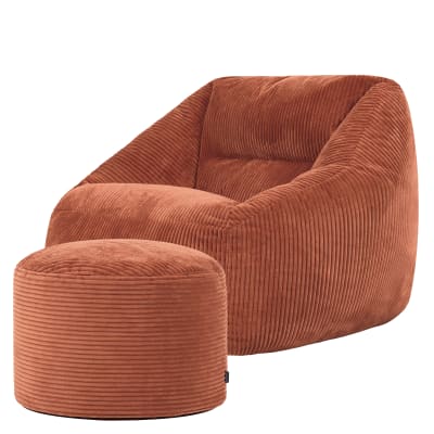 Pouf fauteuil avec repose-pied rond velours côtelé orange terracotta