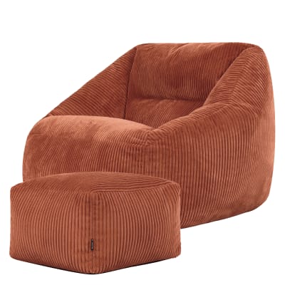 Pouf fauteuil avec repose-pied carré velours côtelé orange terracotta
