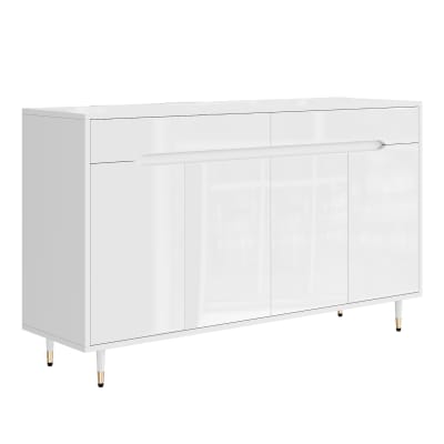 Buffet blanc laqué brillant avec pieds dorés à 4 portes et 2 tiroirs