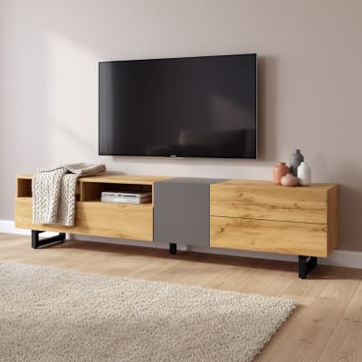 Meuble TV bois chêne et porte grise avec pieds métal noir