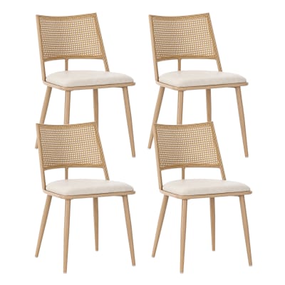 Lot de 4 chaises de salle à manger en bois clair avec dossier en rotin