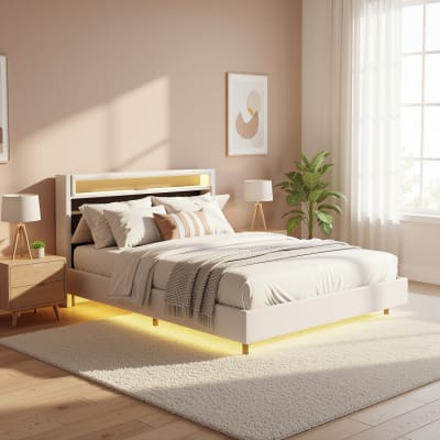 Lit double avec tête de lit multifonction et éclairage LED intégré