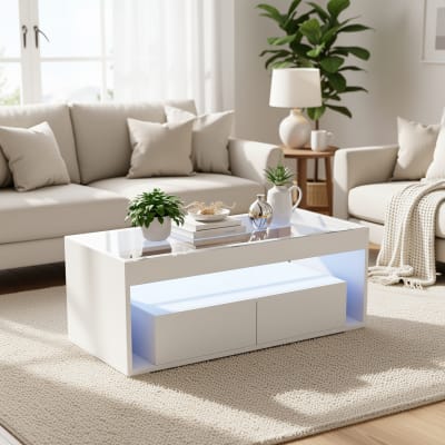 Table basse blanche laquée avec plateau en verre et éclairage LED