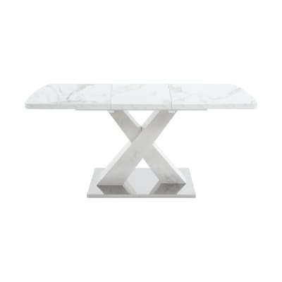 Table à manger extensible effet marbre blanc avec pied croisé