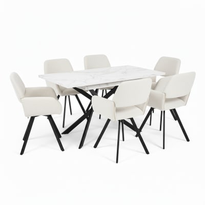 Table à manger effet marbre blanc avec 6 chaises en tissu beige