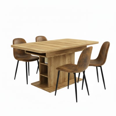 Table à manger chêne avec rangement intégré et 4 chaise marron