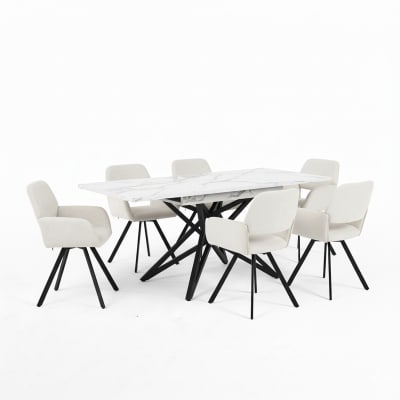 Table à manger extensible effet marbre et 6 chaises pivotantes beige