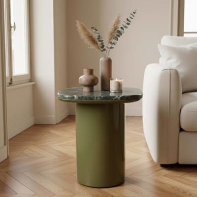 Table basse bout de canapé en marbre carré vert olive 42 x 42 cm