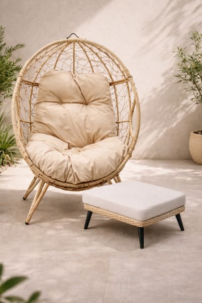 Fauteuil suspendu effet rotin repose-pieds et coussin beige