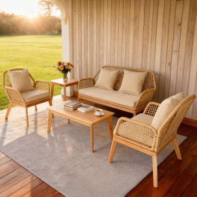 Salon de jardin 4 places en bois avec 2 tables beige et bois