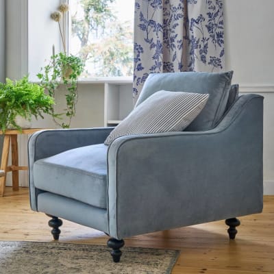 Fauteuil tissu velours h90 bleu gris