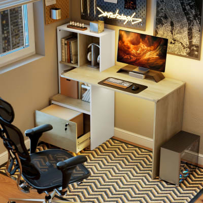 Bureau d'ordinateur tiroir verrouillable panneau de particules chêne