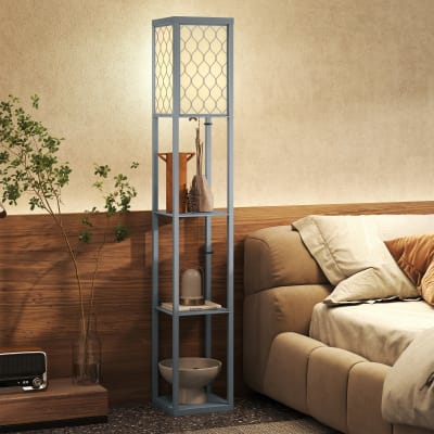 Lampadaire 3 étagères abat-jour tissu motif nid d'abeille mdf gris