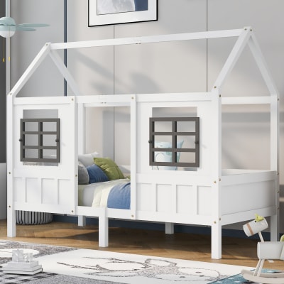 Lit enfant forme maison en pin massif blanc 2 fenêtres 200 x 90 cm