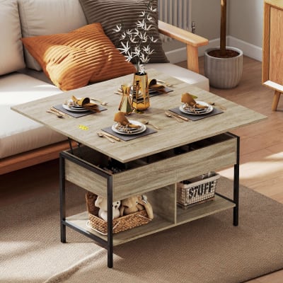 Table basse relevable et extensible panneau de particule bois naturel