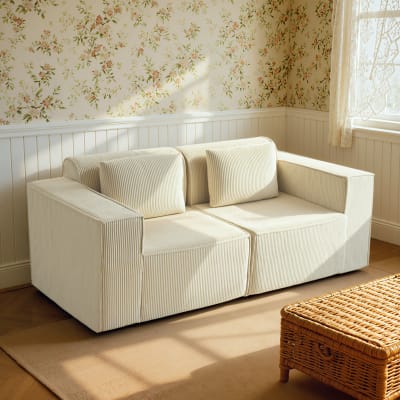 Canapé 3 places larges accoudoirs compressé velours côtelé beige