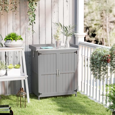 Armoire de jardin 2 portes toit à charnières étagère bois gris