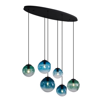 Suspension art déco noire verre vert bleu 6 lampes
