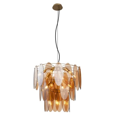 Suspension art déco dorée verre ambré 14 lampes