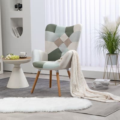 Fauteuil scandinave patchwork en tissu polyester aqua