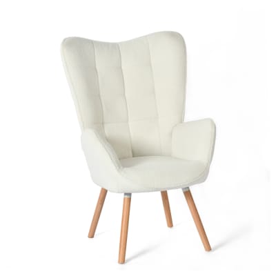 Fauteuil scandinave avec revêtement bouclé et pieds bois massif blanc