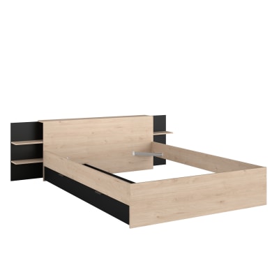 Lit avec tête de lit rangement et tiroir de lit 140x190/200 effet bois