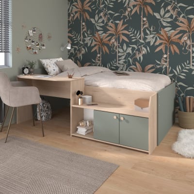 Lit enfant 90x190/200 avec bureau et rangements vert d'eau