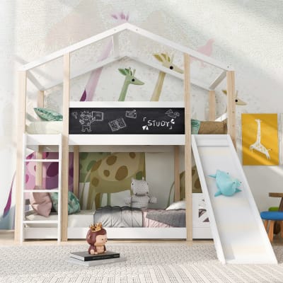Lit mezzanine en bois blanc avec toboggan et échelle 90 x 200 cm