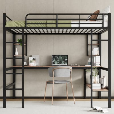 Lit mezzanine en métal noir avec bureau et rangements 140 x 200 cm