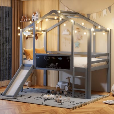 Lit mezzanine en bois massif gris avec toboggan 90 x 200 cm