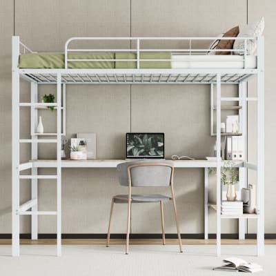 Lit mezzanine en métal blanc avec bureau et rangements 140 x 200 cm